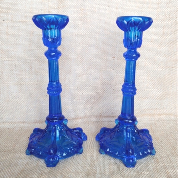 Accents Cobalt Blue Glass Tall Vintage Candle Stick Holders Set Of 2
